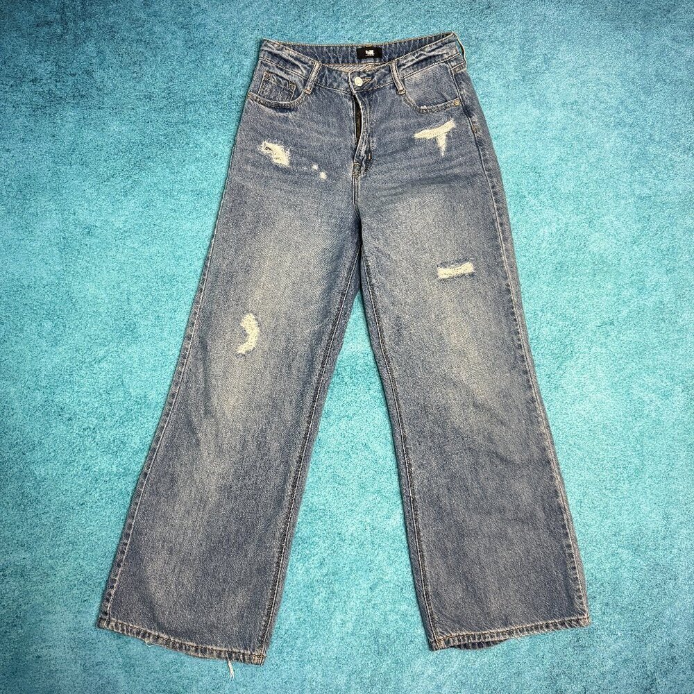 I&M Black Label Distressed Womens Wide Leg Denim Blue Jeans Size 5 Fits 28x29